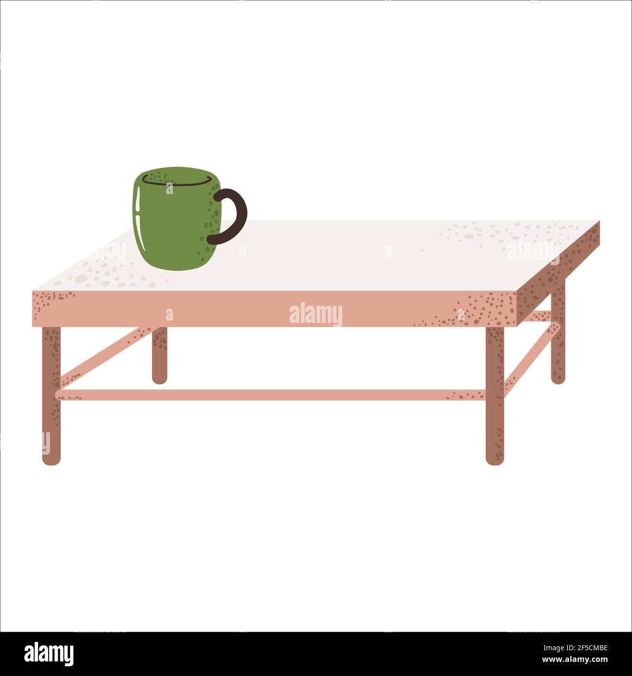 Cute low coffee table in Scandinavian style. Single cozy wooden desk with cup of coffee in cartoon flat design. Living room furniture isolated on whit Stock Vector