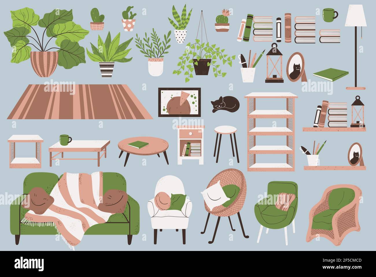 Vector set of living room with stylish cozy furniture and modern home decorations in trendy Scandinavian style. Flat cartoon vector illustration set o Stock Vector