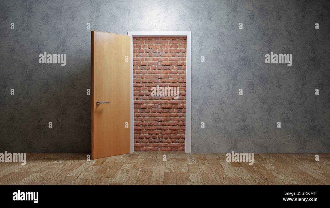 A brick wall blocking the doorway, hopeless concept Stock Photo