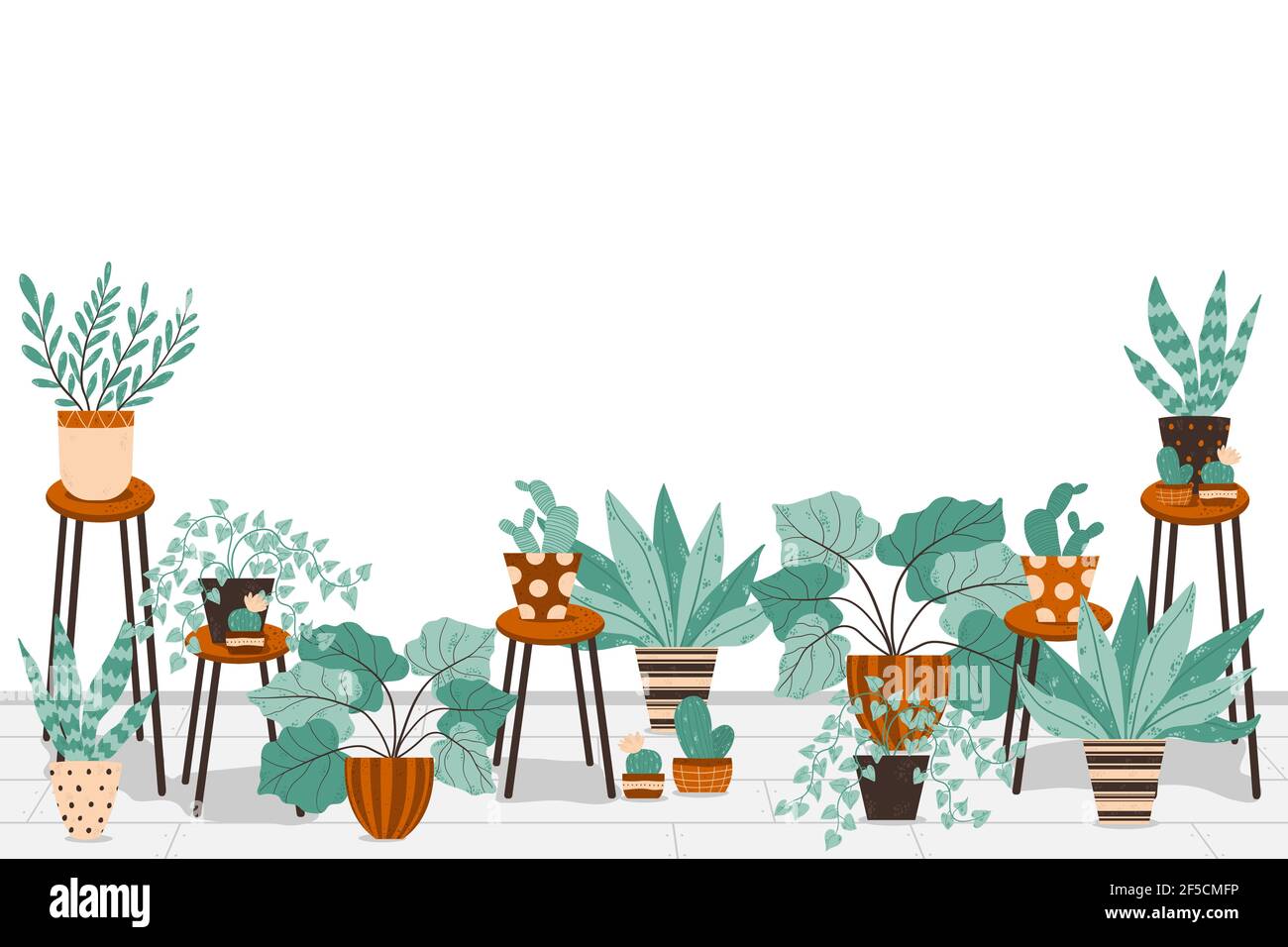 Cute potted houseplant in Scandinavian style. House interior decor elements with flowers and cactus in flowerpots. Horizontal vector banner with diffe Stock Vector