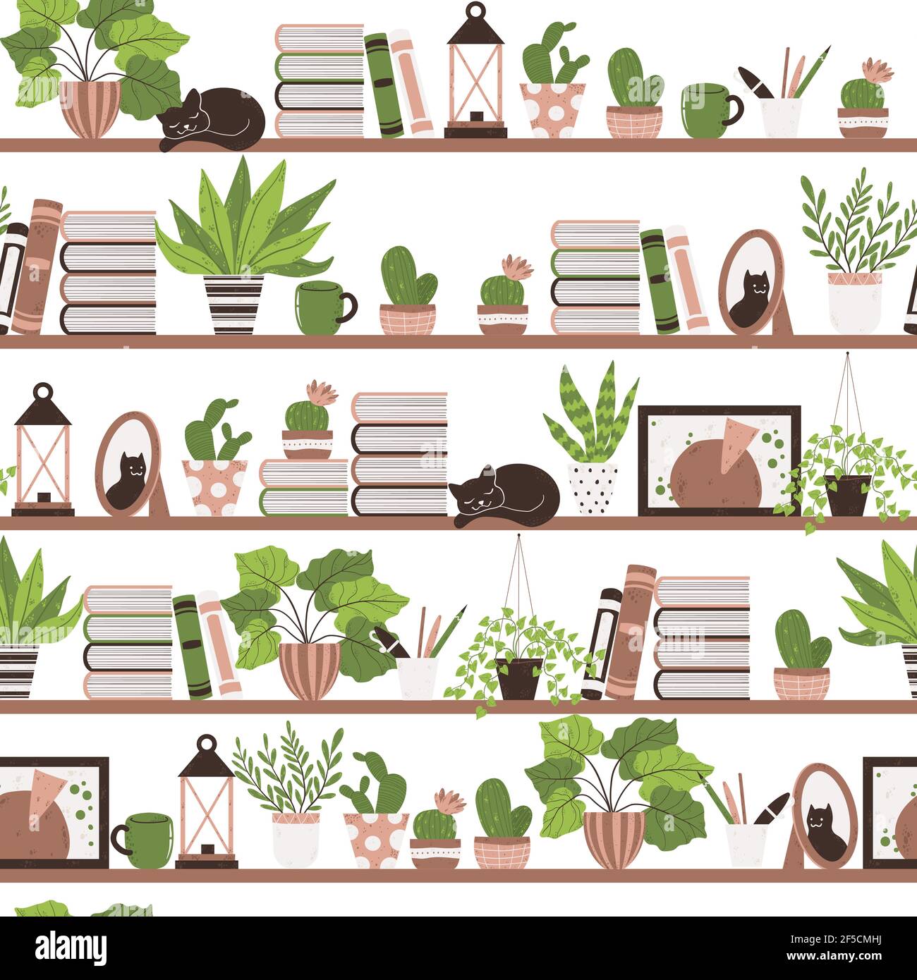 Colorful seamless pattern with houseplant in pot on a shelf. Vector ...