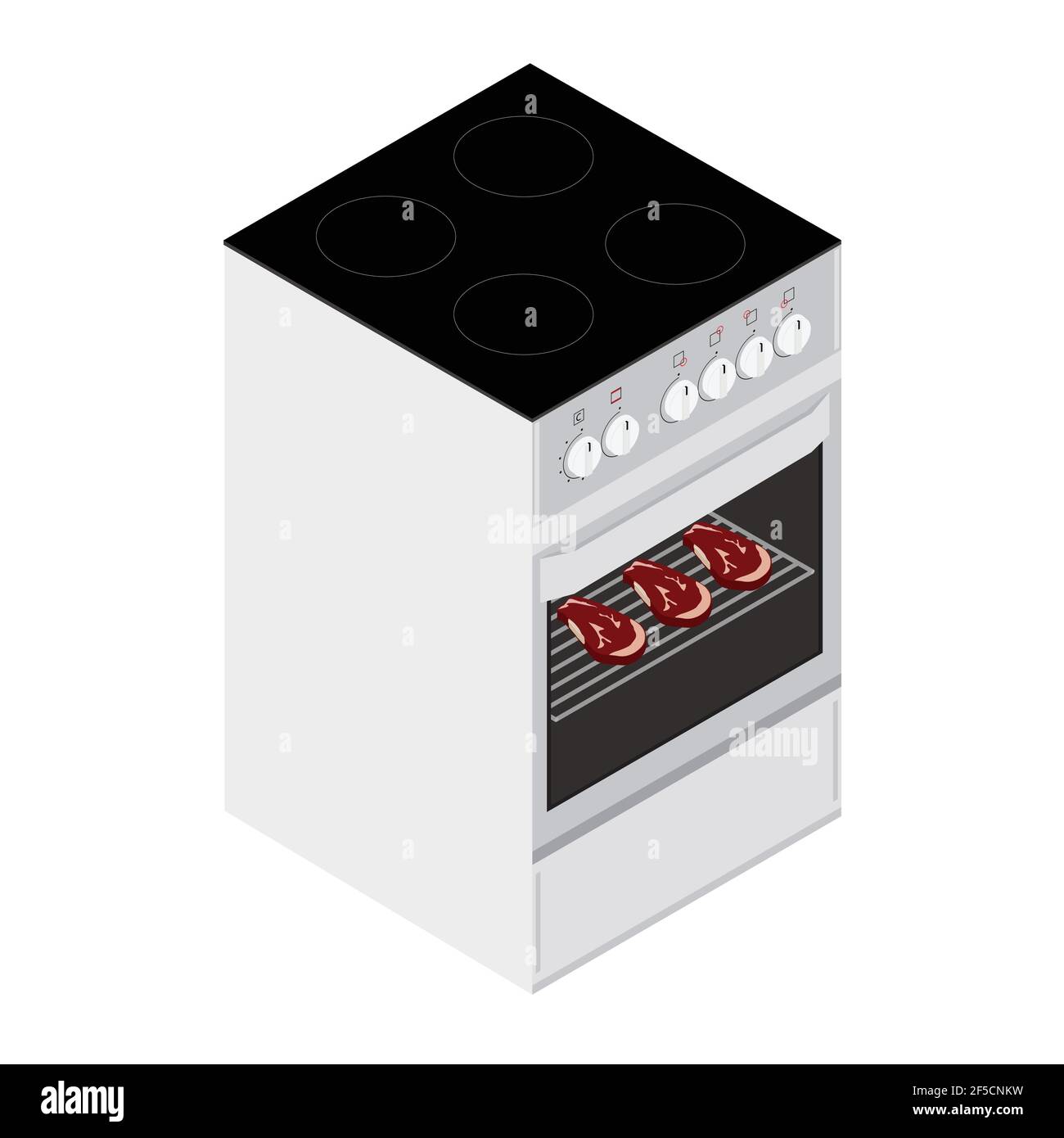 Food preparation. Grilled steaks in electric oven isometric view