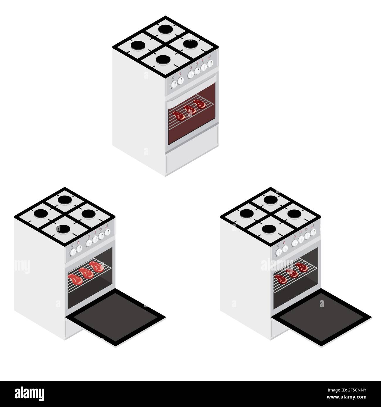 Food preparation. Grilled steaks in gas stove, oven isometric view. Oven with closed and opened