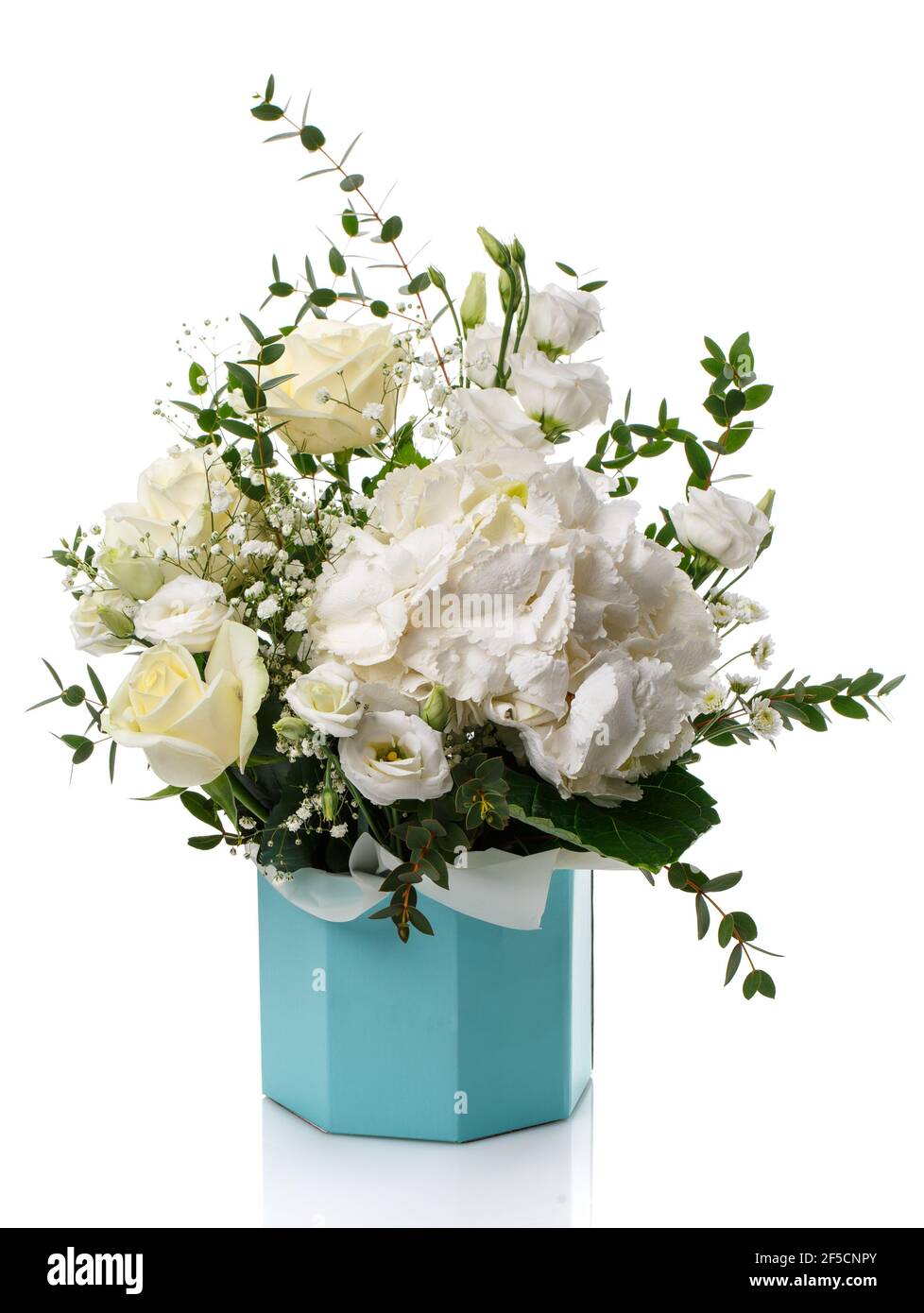 Floral arrangement of white roses, white hydrangea and eucalyptus