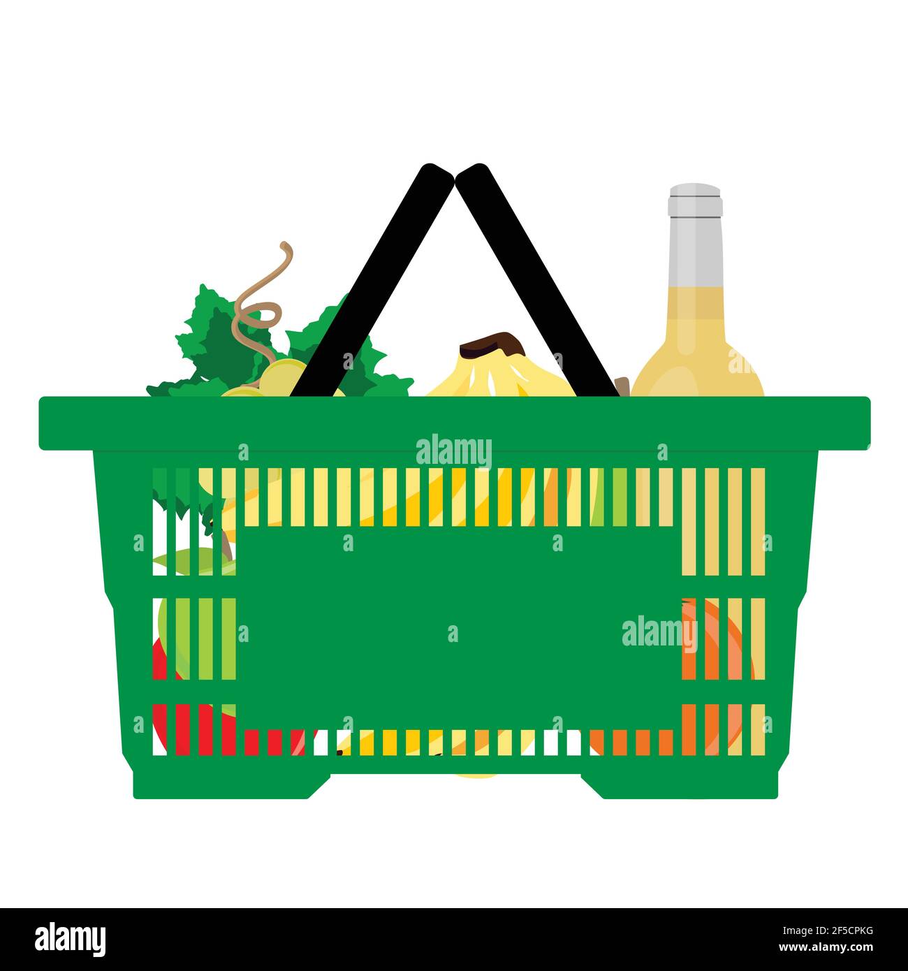 Shopping market basket with variety of grocery products isolated on