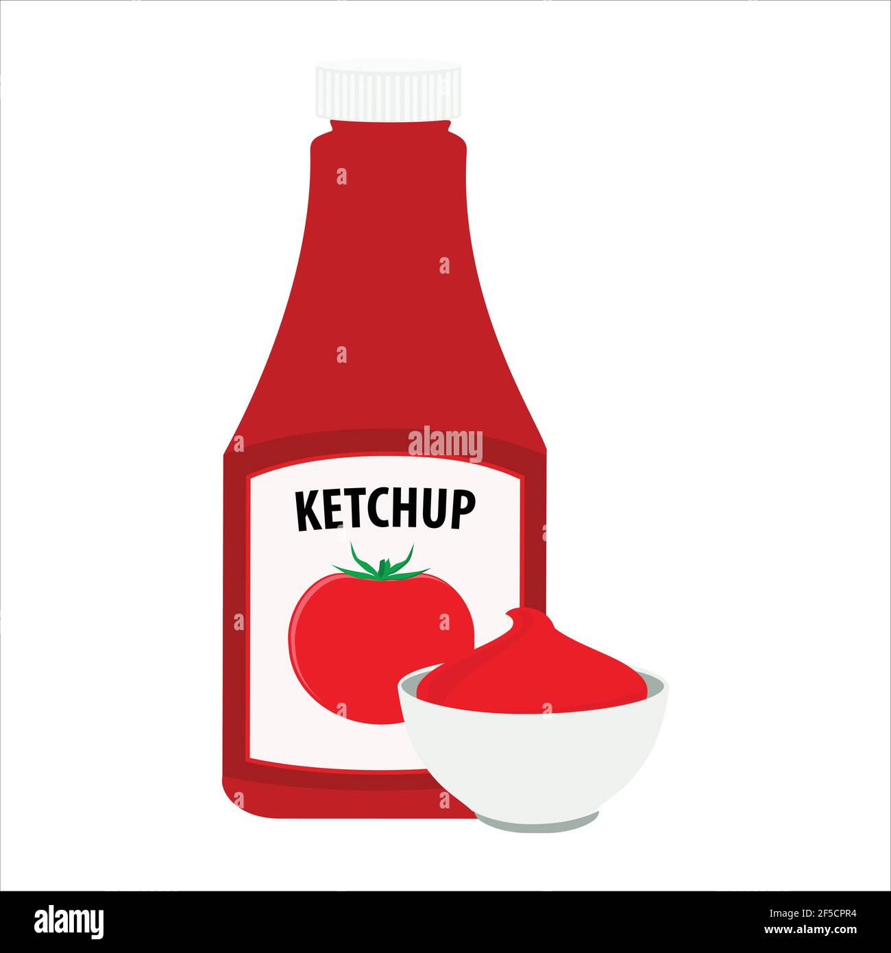 Ketchup bottle and tomato ketchup in a bowl isolated on white