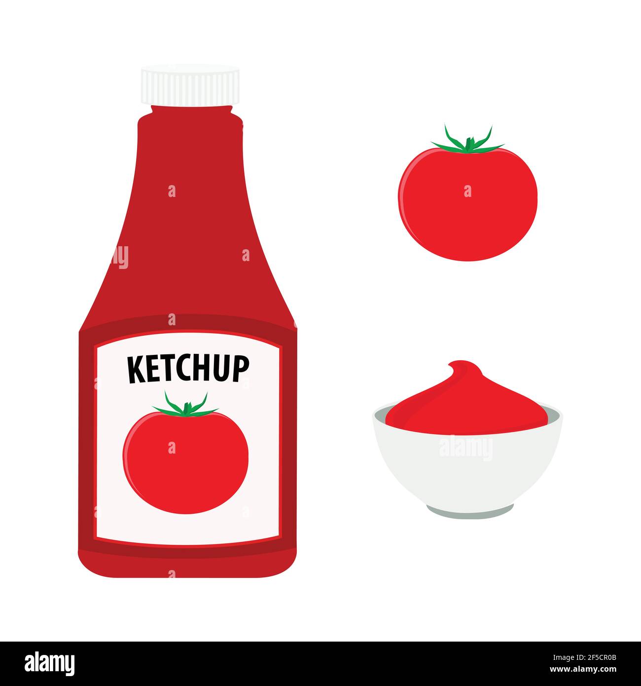 Tomato ketchup bottle, whole red tomato and bowl with tomato sauce ...