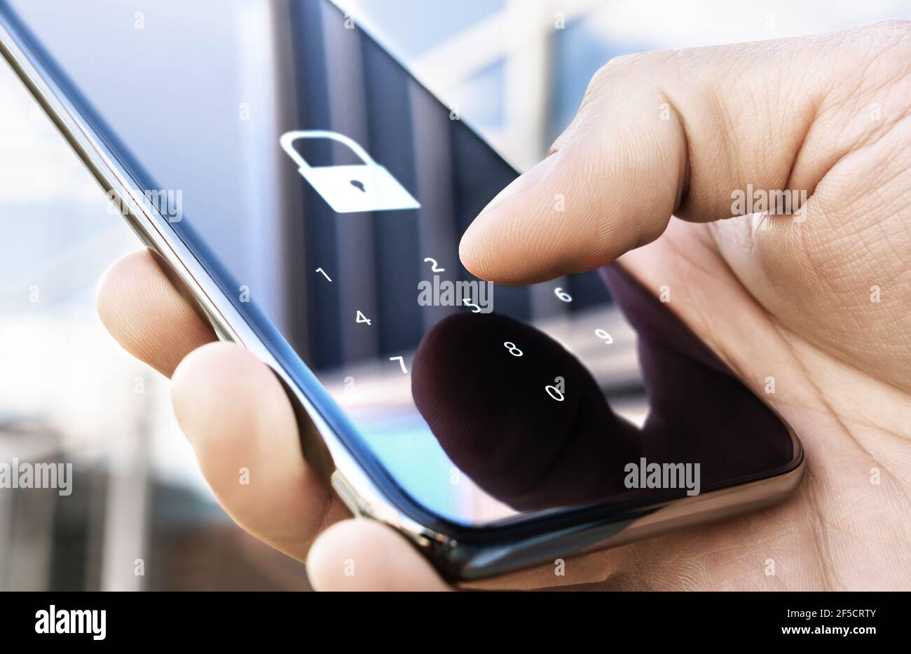 Phone lock code. Smartphone protection with 2fa (two factor authentication). Smartphone protection and security with pin number. Encrypted data. Stock Photo