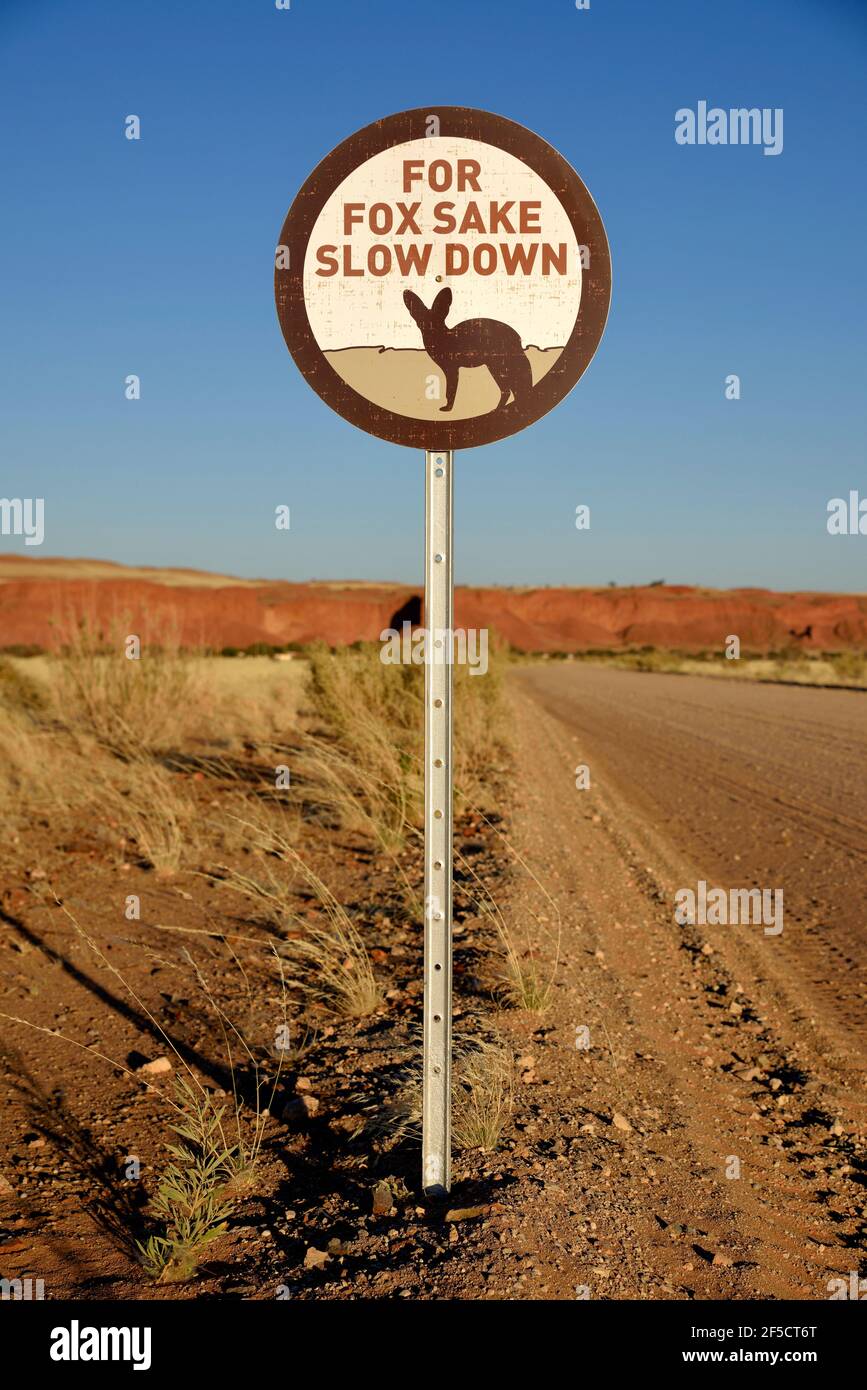 geography / travel, Namibia, sign "For Fox Sake Slow Down" (Otocyon megalotis), Godwana Namib Park, ne, Additional-Rights-Clearance-Info-Not-Available Stock Photo