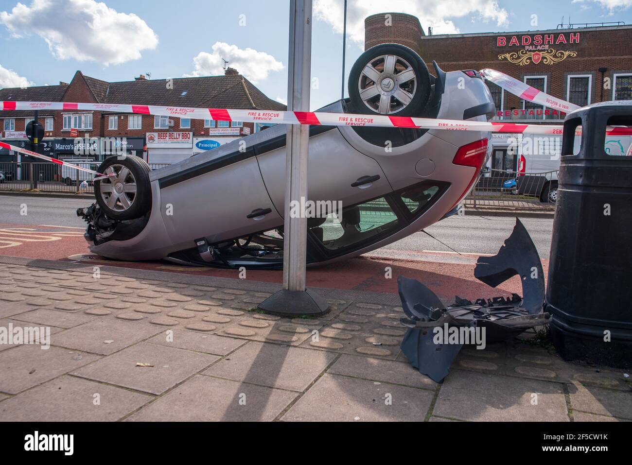 Overturned Citroen car flipped on Walsall Road in Birmingham, UK Stock Photo