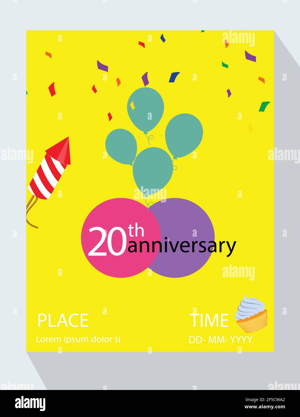 Birthday party invitation card. You are invited! Happy 20th birthday anniversary! Stock Vector