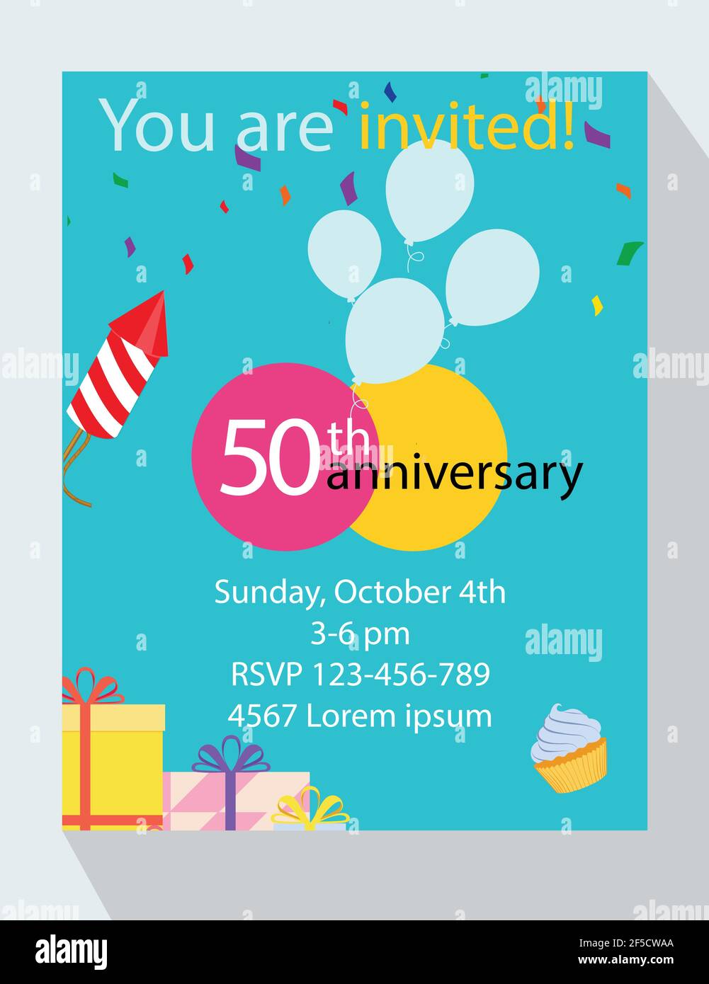 Birthday Party Invitation Card You Are Invited Happy 50th Birthday Anniversary Stock Vector