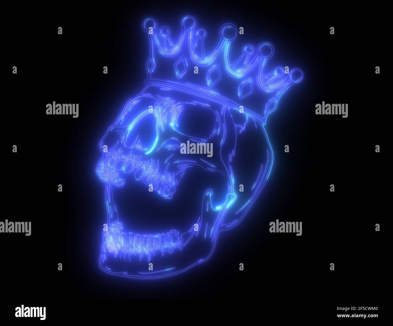 blue light neon king skull wearing crown Stock Photo