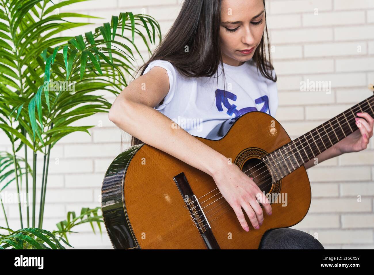 Young brunette in t shirt with transgender symbol sitting near green plant and playing Spanish guitar against brick wall Stock Photo