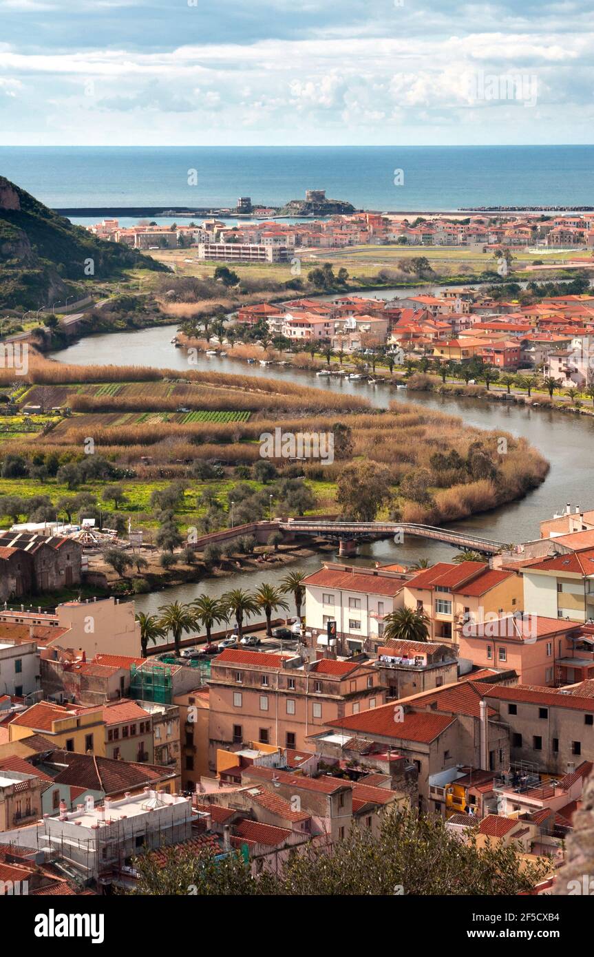cityscape of the beautiful village of Bosa with colored houses and a medieval castle Stock Photo