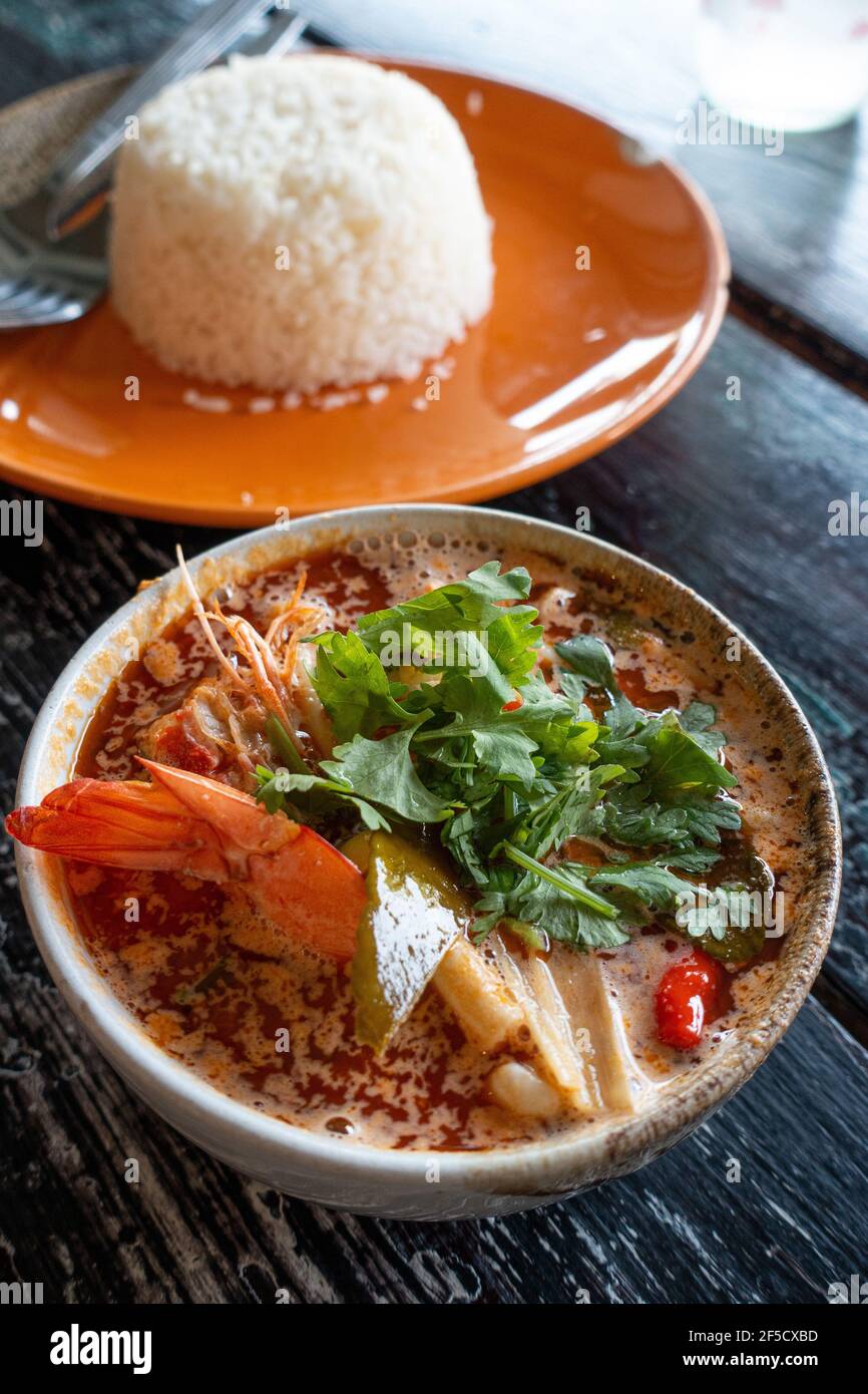 Tom Yum soup served at restaurant in Bangkok Thailan Stock Photo