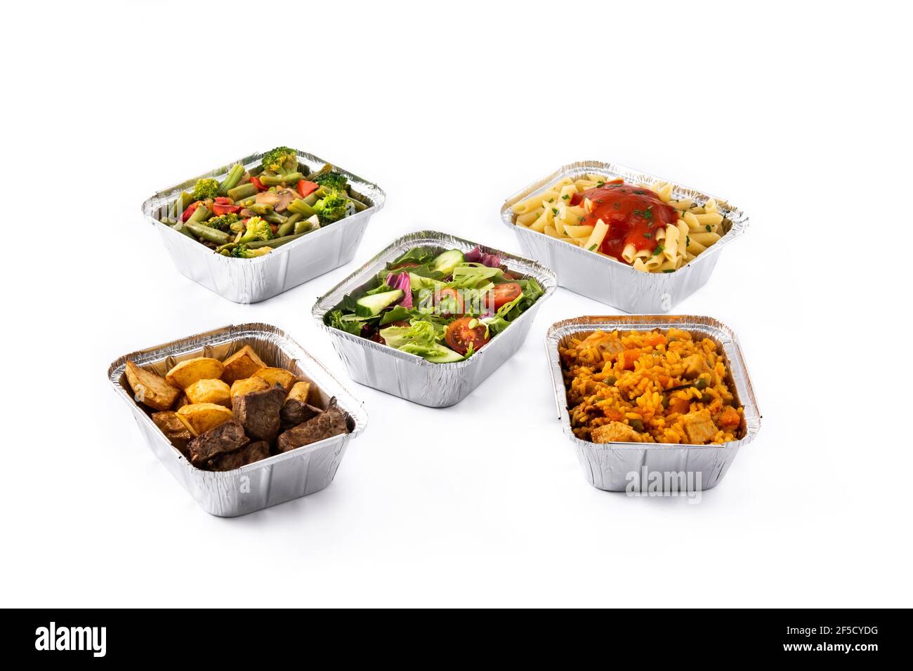 Take away healthy food in foil boxes isolated on white background Stock Photo