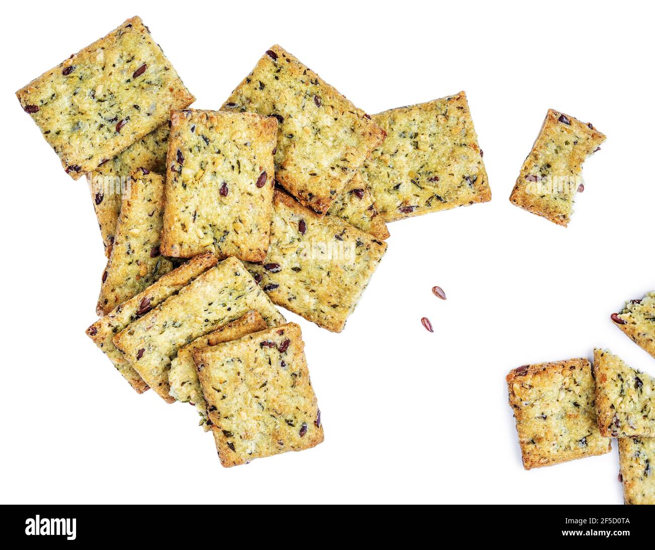 Dry crackers isolated on white background. Cracker cookies with herbs