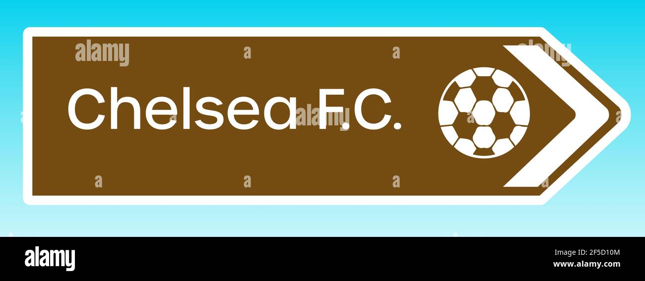 London, United Kingdom - May 08 2020:  A graphic illlustration of a British tourist road sign pointing to the home ground of Chealsea FC Stock Photo