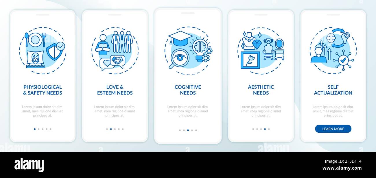 Human being needs blue onboarding mobile app page screen with concepts Stock Vector
