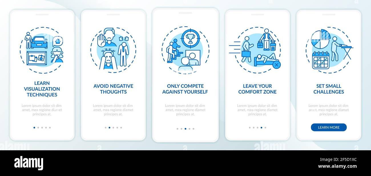 Self-improvement tools blue onboarding mobile app page screen with concepts Stock Vector