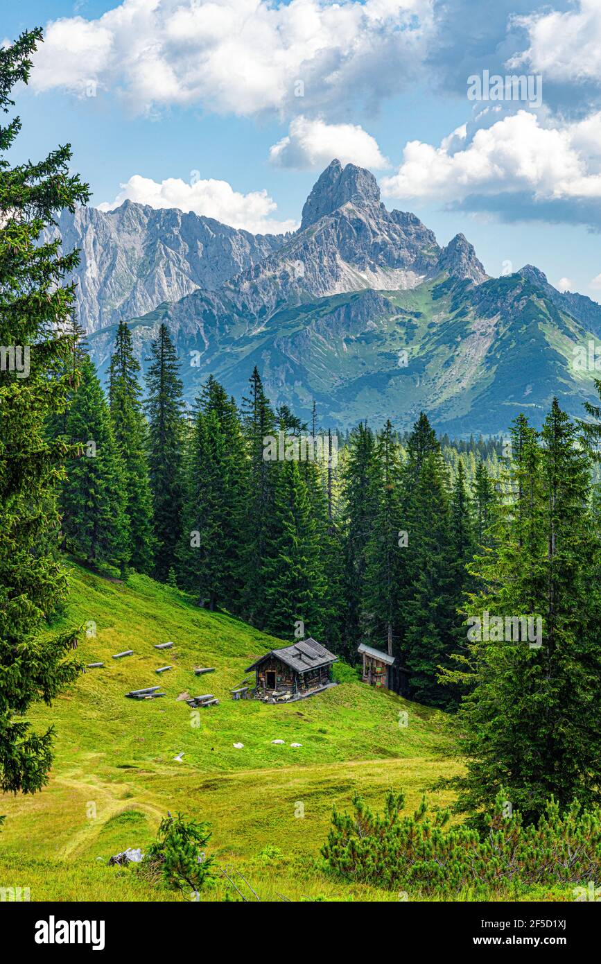 Little wooden cabin on a pasture with the Bischofsmütze in the background Stock Photo