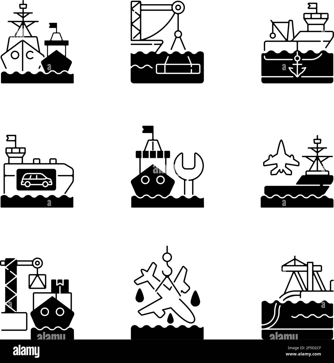 Shipping industry black linear icons set Stock Vector
