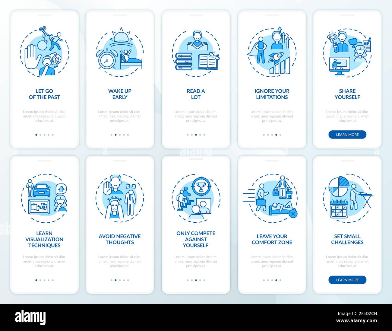 Self-development tips blue onboarding mobile app page screen with concepts set Stock Vector