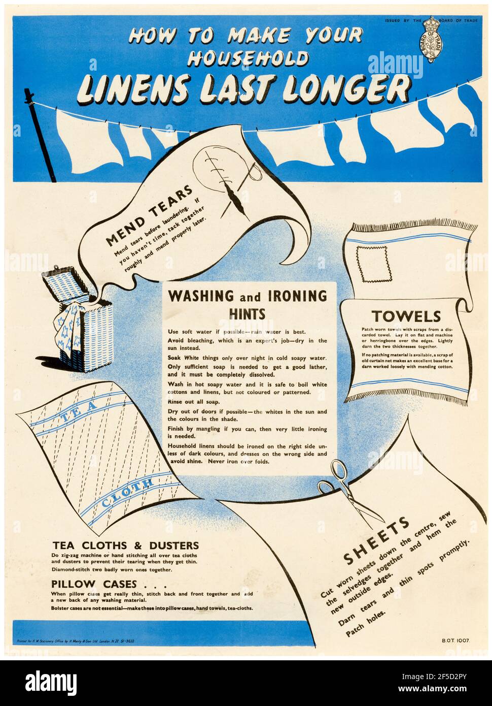 British, WW2, How To poster: Make Your Household Linens Last Longer, 1942-1945 Stock Photo