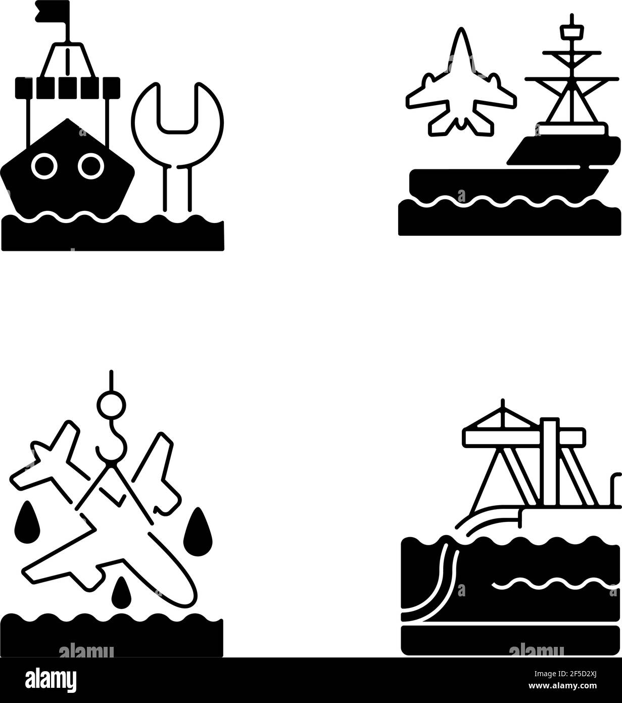 Maritime sector black linear icons set Stock Vector