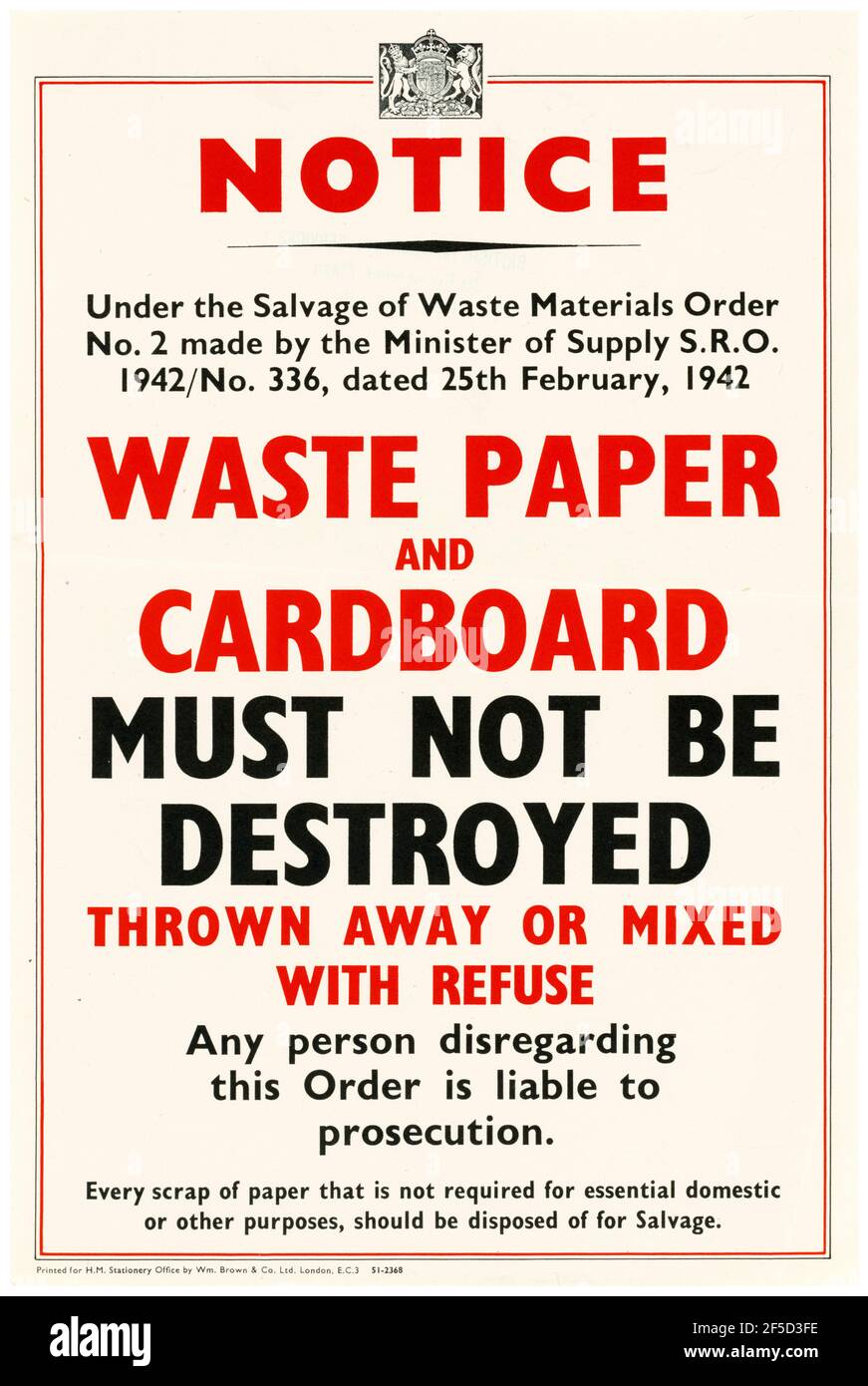 British, WW2, Recycling poster: Waste Paper and Cardboard Must Not be Destroyed, 1942-1945 Stock Photo