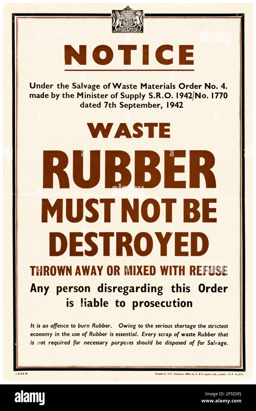 British, WW2, Recycling poster: Waste Rubber Must Not be Destroyed, poster, 1942-1945 Stock Photo