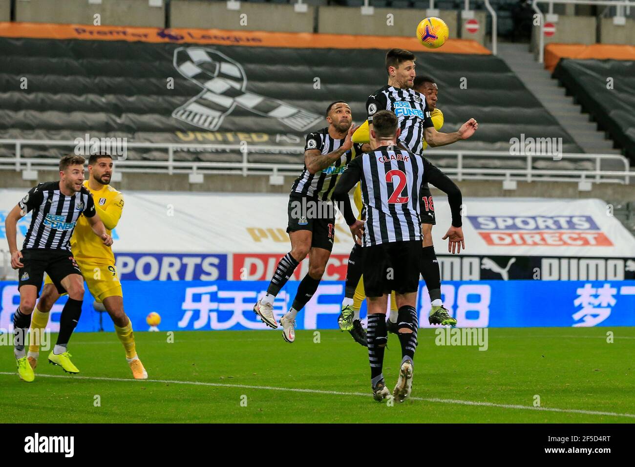 Federico Fernández #18 of Newcastle United wins an aerial challenge Stock Photo