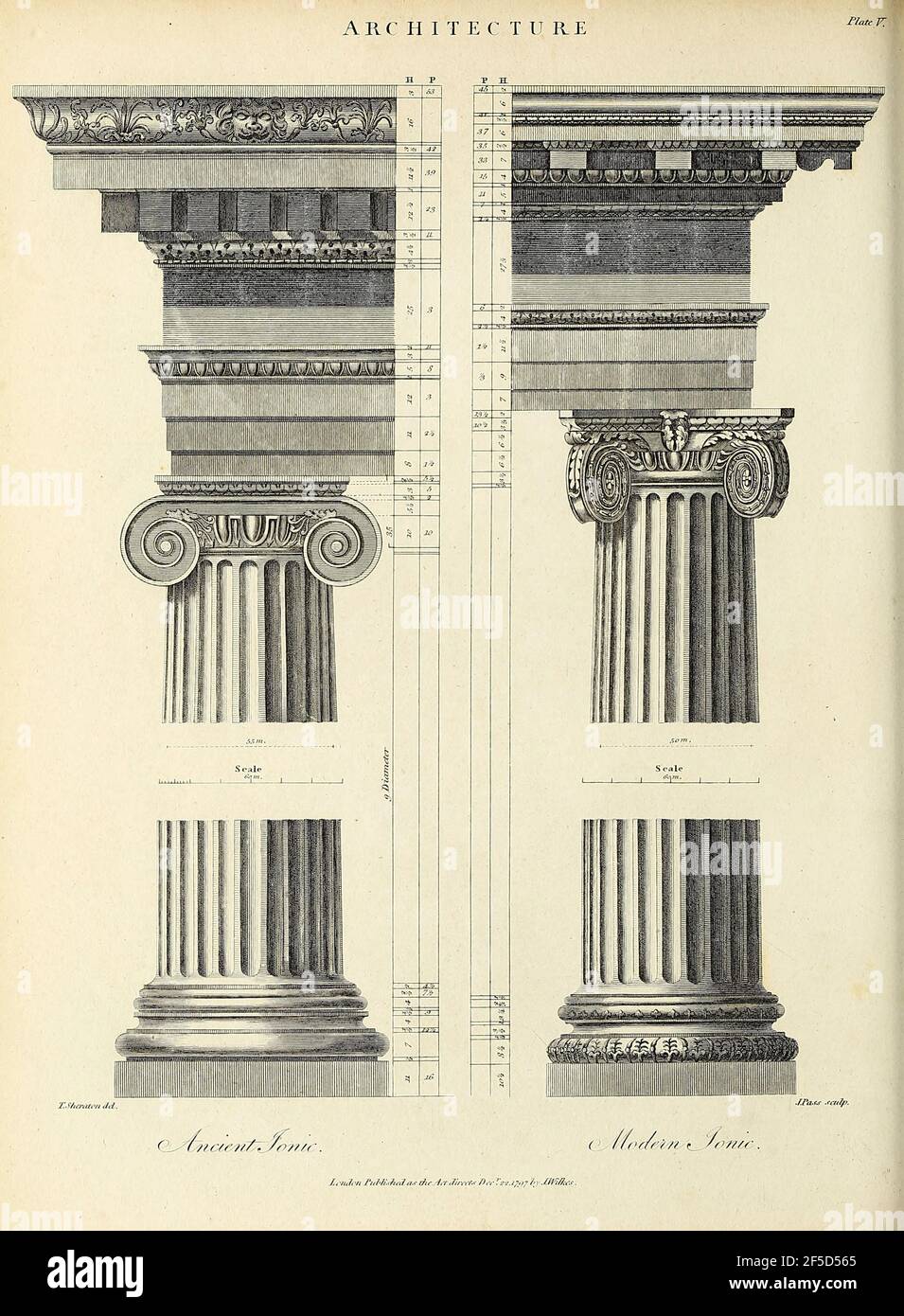 Ancient and Modern Ionic Order Copperplate engraving From the Encyclopaedia Londinensis or, Universal dictionary of arts, sciences, and literature; Volume II;  Edited by Wilkes, John. Published in London in 1810 Stock Photo