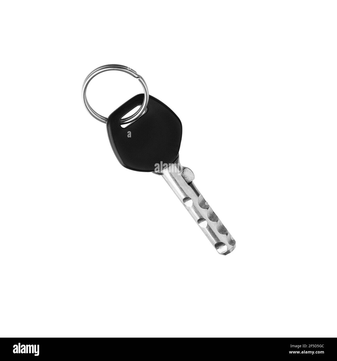 House door lock key with ring on white background isolated close up, single silver metal key and
