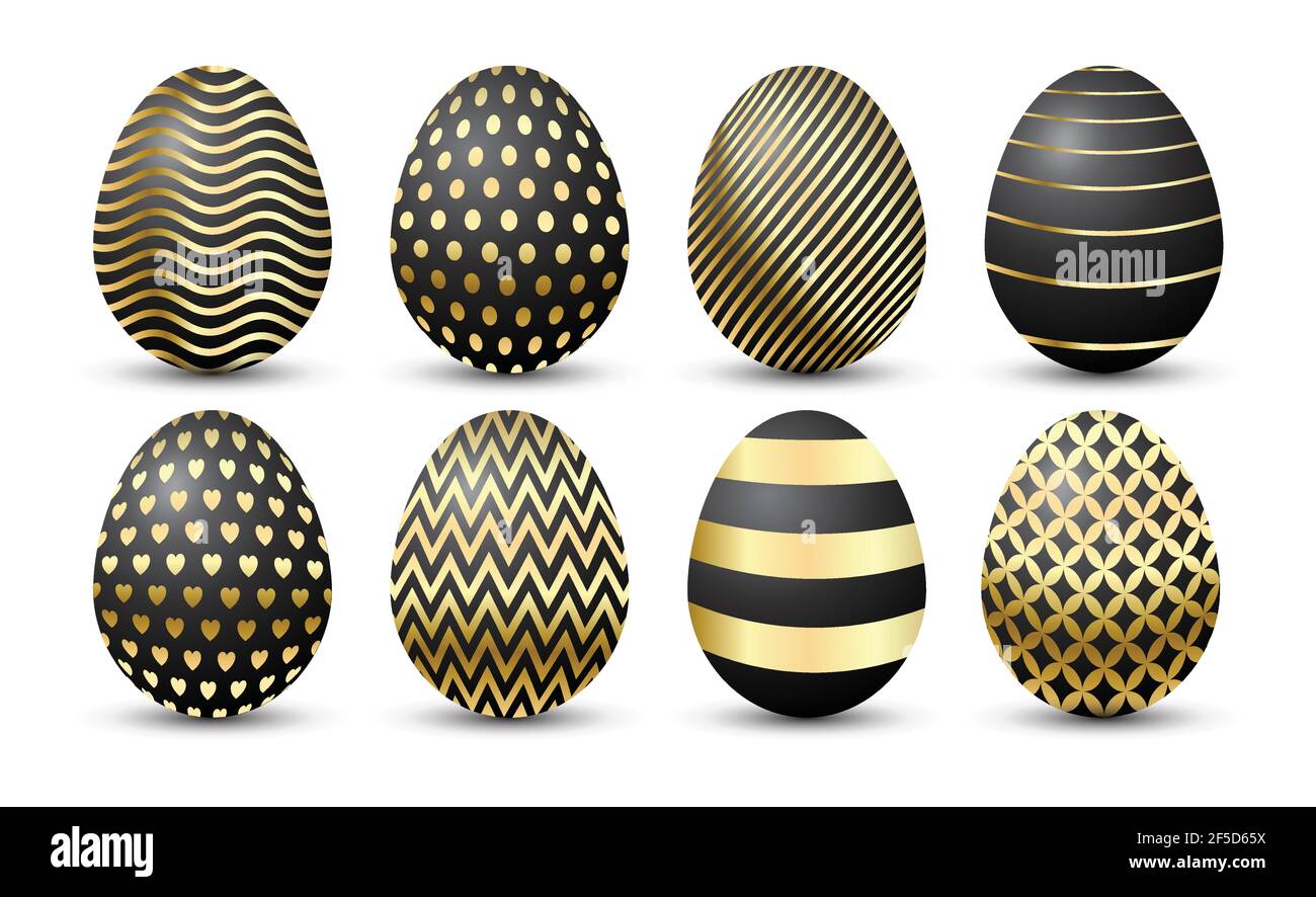 Easter egg set vector isolated on white background. Black and golden pattern eggs. Stock Vector