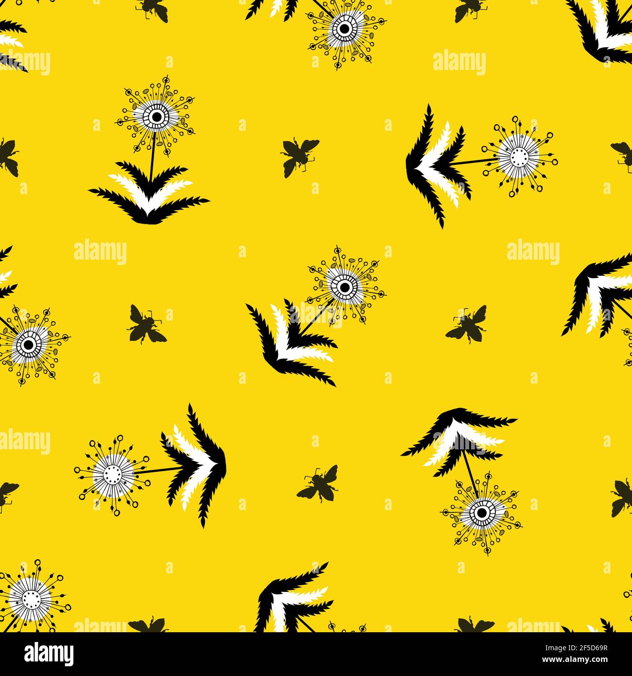 Abstract dandelion seed and honey bees seamless vector pattern background.Stylized folk art herbacious flowers and insects yellow white black backdrop Stock Vector