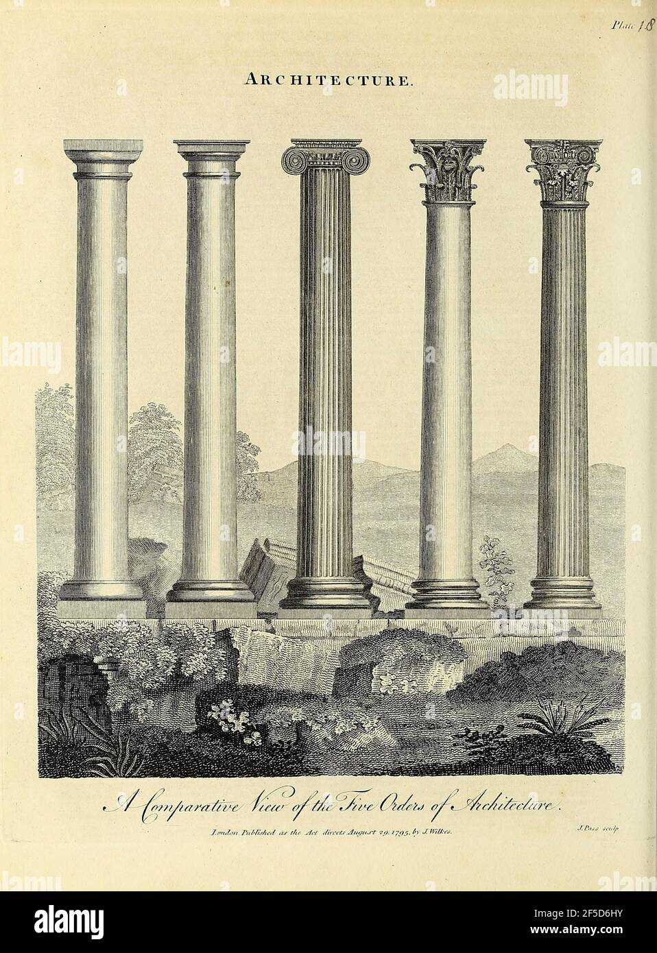 Copperplate engraving of a Comparative view of the Five Orders of Architecture From the Encyclopaedia Londinensis or, Universal dictionary of arts, sciences, and literature; Volume II;  Edited by Wilkes, John. Published in London in 1810 Stock Photo