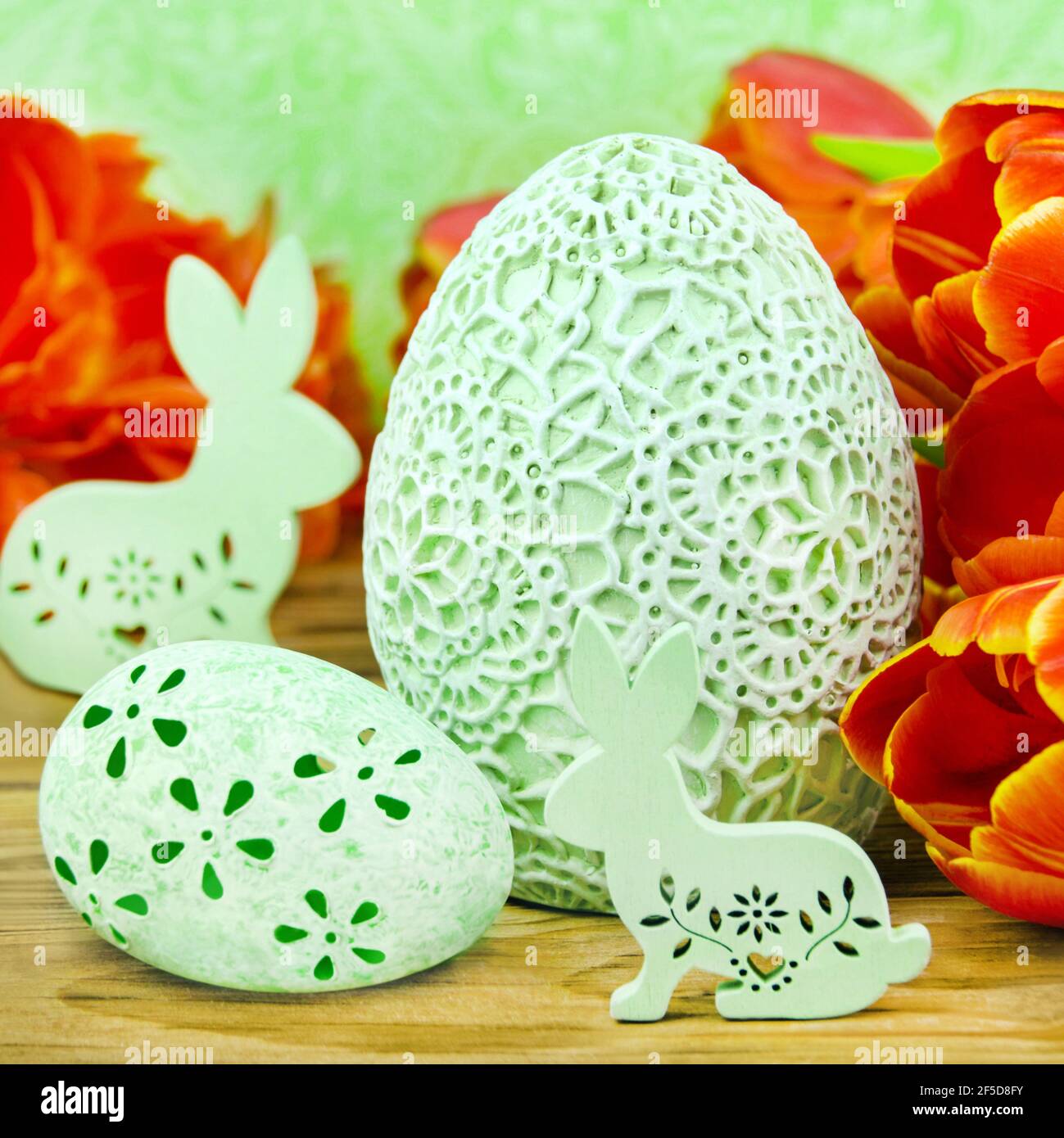 Easter decoration eggs and bunny with tulips Stock Photo - Alamy