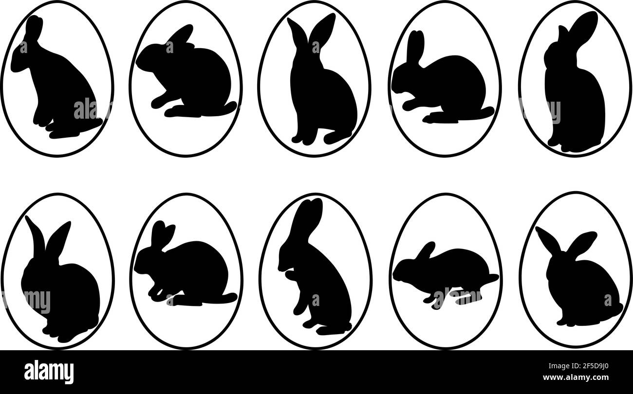 Set of different easter eggs with rabbits isolated on white Stock Vector