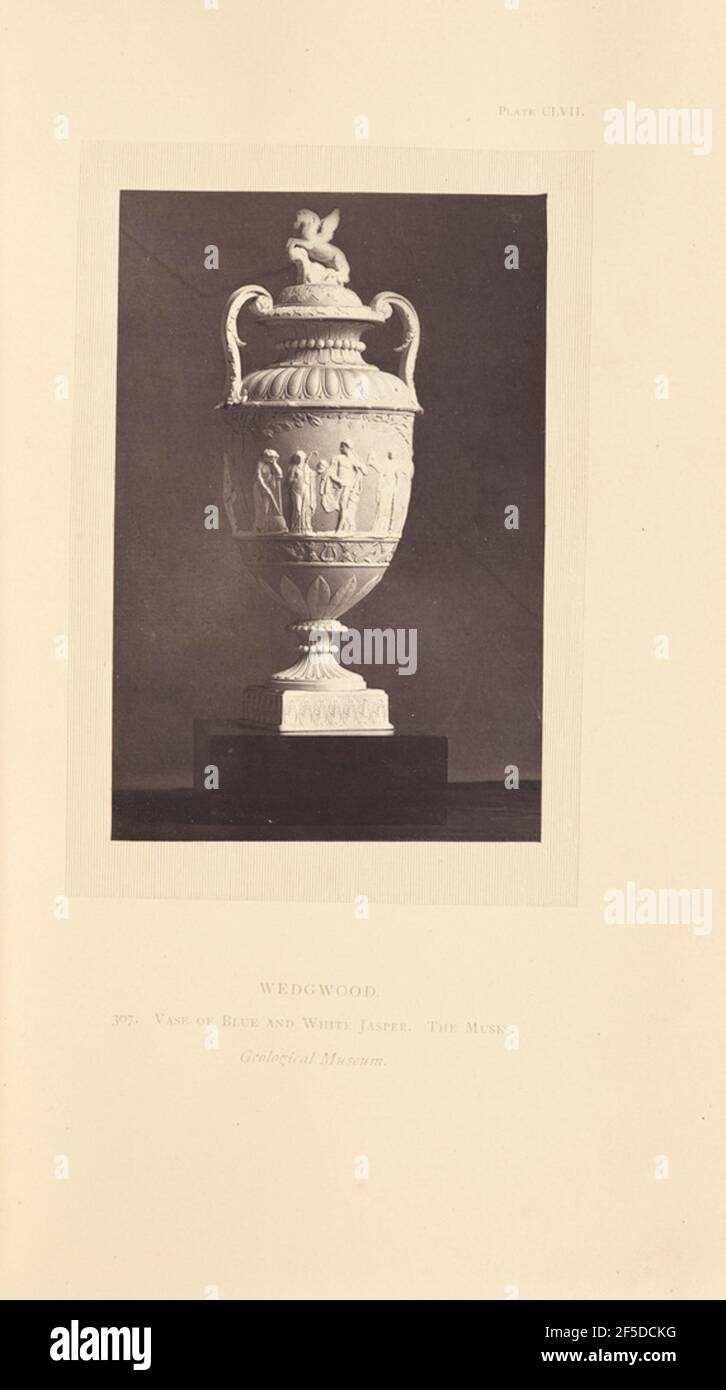 Vase. A vase on a small riser. The vase has an oval-shaped body resting on a pedestal foot, and two curved handles. The vase is decorated with figures of the Muses in relief, along with musical instruments, leaves, and scrolling patterns. The lid is topped with a Pegasus on hind legs.. (Recto, mount) upper right, printed in black ink: 'PLATE CLVII.' Lower center, printed in black ink: 'WEDGWOOD. / 307. VASE OF BLUE AND WHITE JASPER. THE MUSES. / Geological Museum. italicized' Stock Photo