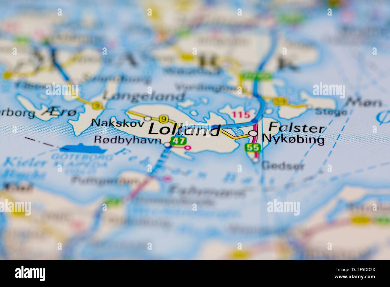 Lolland and surrounding areas Shown on a Geography map or road map Stock Photo