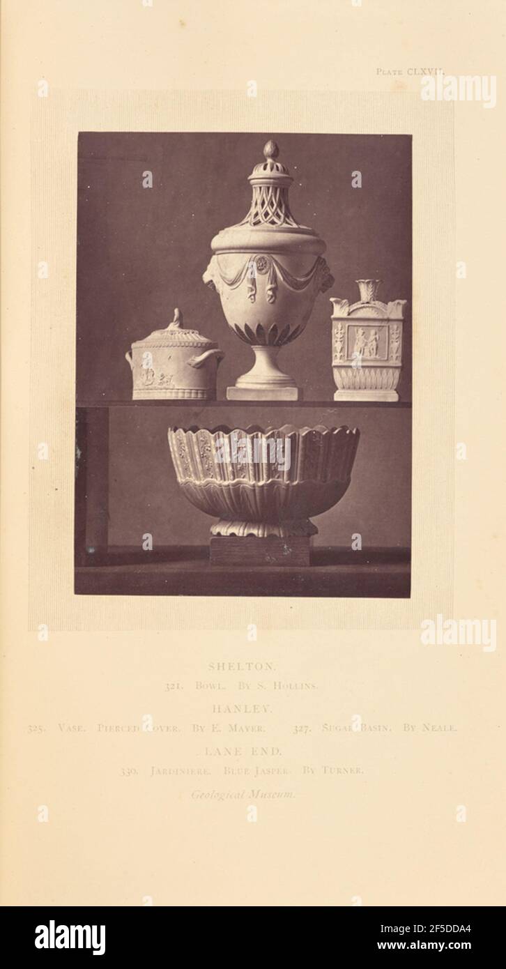 Two vases, bowl, and sugar pot. Two vases and a sugar pot on a shelf above a bowl. The larger center vase is oval shaped and rests on a pedestal foot. Two handles on the sides are in the shape of lion heads, connected by draped cloth in relief. The lid is decorated with pierced latticework pattern. The sugar pot and smaller vase are both decorated with figures in relief. The bowl is fluted and decorated with molded branches of berries.. (Recto, mount) upper right, printed in black ink: 'PLATE CLXVII.' Lower center, printed in black ink: 'SHELTON. / 321. BOWL. BY S. HOLLINS. / HANLEY. / 325. VA Stock Photo
