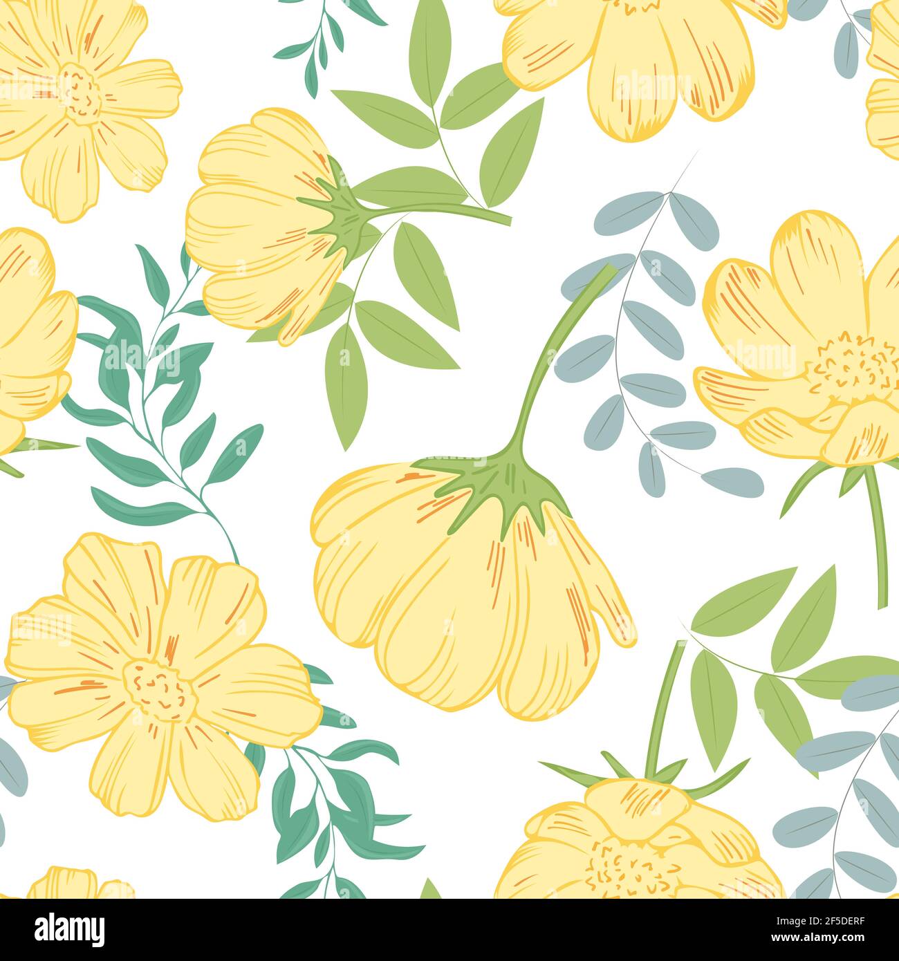 Seamless background with yellow flowers and leaves. A repeating continuous pattern with vibrant spring flowers. Vector. Stock Vector