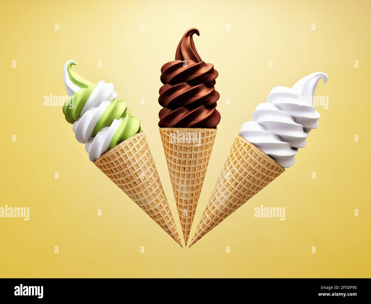 3D rendering of three ice creams in cones with different flavors Stock ...