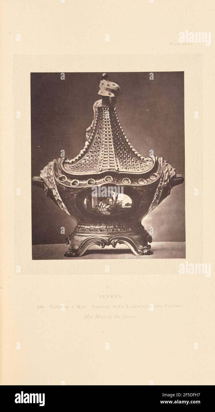 Vase with cover. A boat-shaped vase with lid. The vase rests on a base with four feet, turned out and decorated with scroll molding. The handles are in the shape of a sea monster's head with open mouths. The side is painted with figures in a landscape beneath a row of perforated circles. The lid is in the shape of a ship mast with sails, and features a perforated grid pattern.. (Recto, mount) upper right, printed in black ink: 'PLATE CLII.' Lower center, printed in black ink: 'SEVRES. / 300. VAISSEAU ¿ MAT. PAINTED WITH LANDSCAPES AND FIGURES. / Her Majesty the Queen. italicized' Stock Photo
