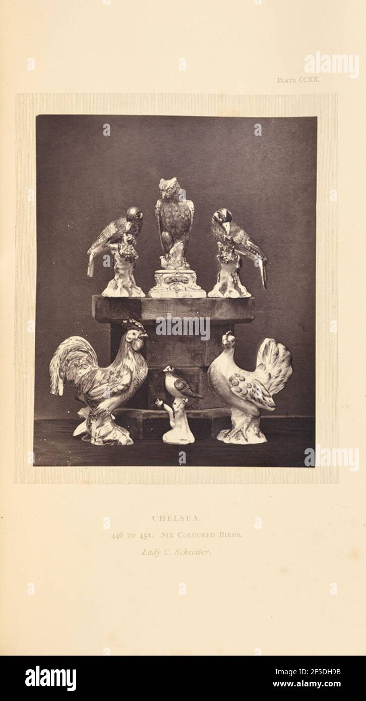 Six bird figurines. Six bird figurines of various breeds, including a rooster, a chicken, and a hawk. Three sit on a pedestal.. (Recto, mount) upper right, printed in black ink: 'PLATE CCXX.' Lower center, printed in black ink: 'CHELSEA. / 446 TO 451. SIX COLOURED BIRDS. / Lady C. Schreiber. italicized' Stock Photo