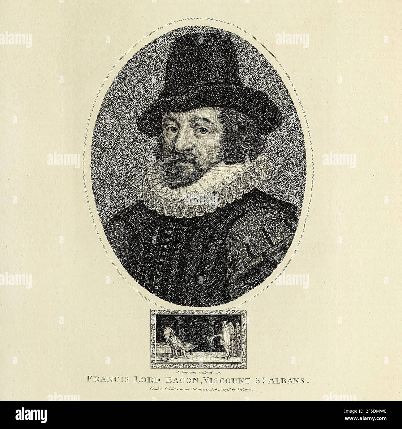Portrait of Francis Lord Bacon [Francis Bacon, 1st Viscount St Alban, Kt PC QC (22 January 1561 – 9 April 1626), also known as Lord Verulam, was an English philosopher and statesman who served as Attorney General and as Lord Chancellor of England. His works are seen as developing the scientific method and remained influential through the scientific revolution]. Copperplate engraving From the Encyclopaedia Londinensis or, Universal dictionary of arts, sciences, and literature; Volume II;  Edited by Wilkes, John. Published in London in 1810 Stock Photo