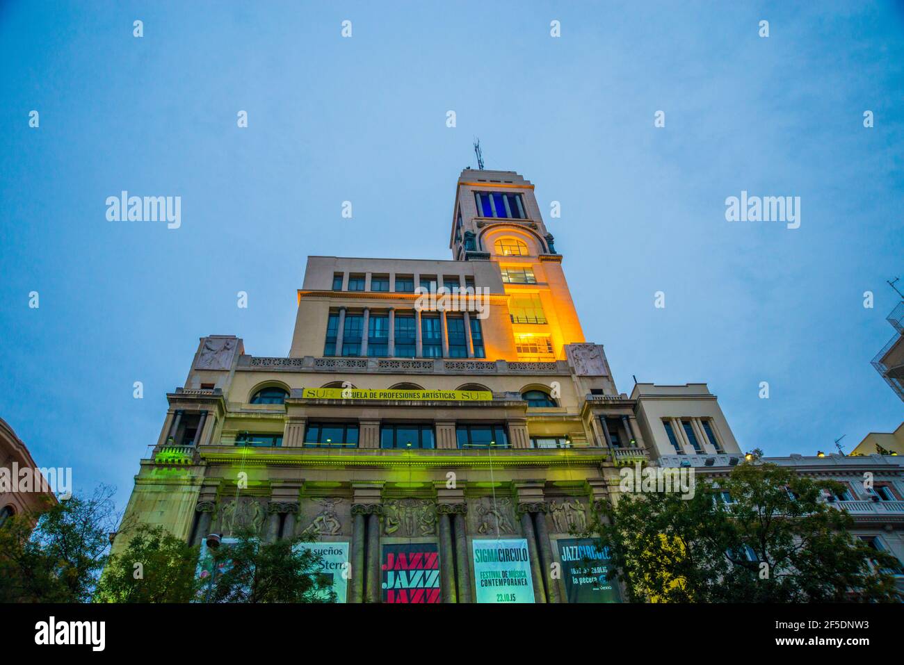 Facade of Circulo de Bellas Artes building, night view. Alcala street, Madrid, Spain. Stock Photo