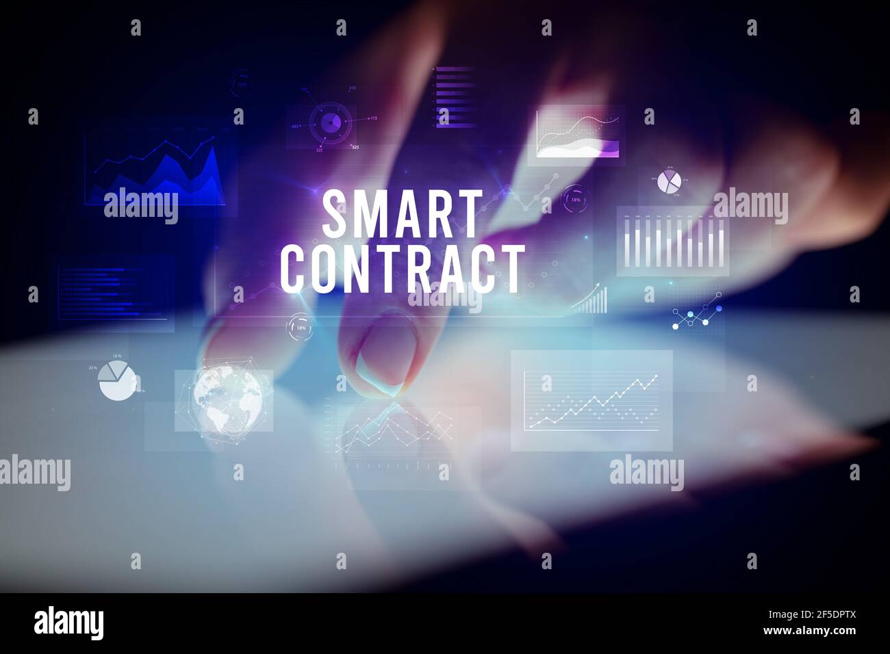 Finger touching tablet with business graphs and icons concept Stock ...